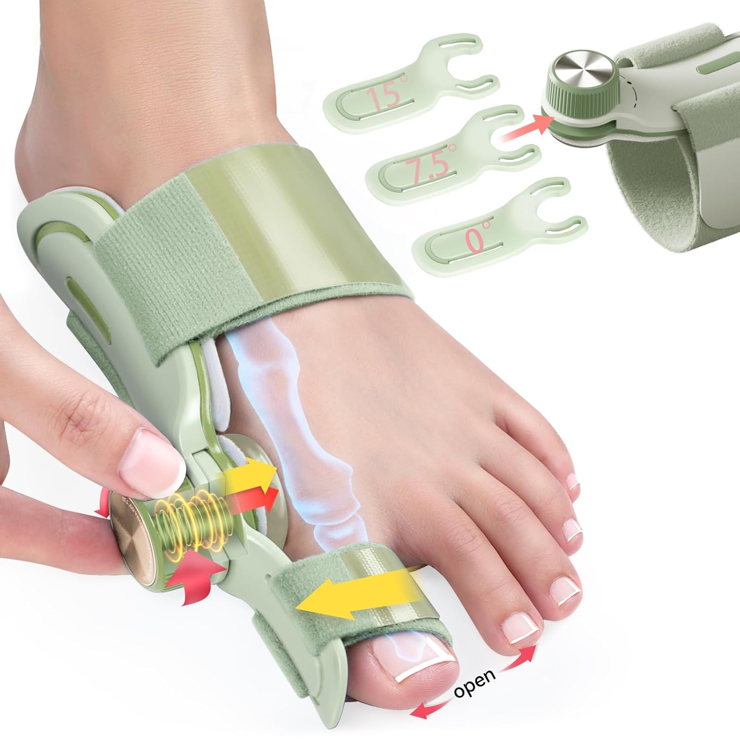 Woman gently using the light green bunion corrector with spring-assisted correction and interchangeable plates