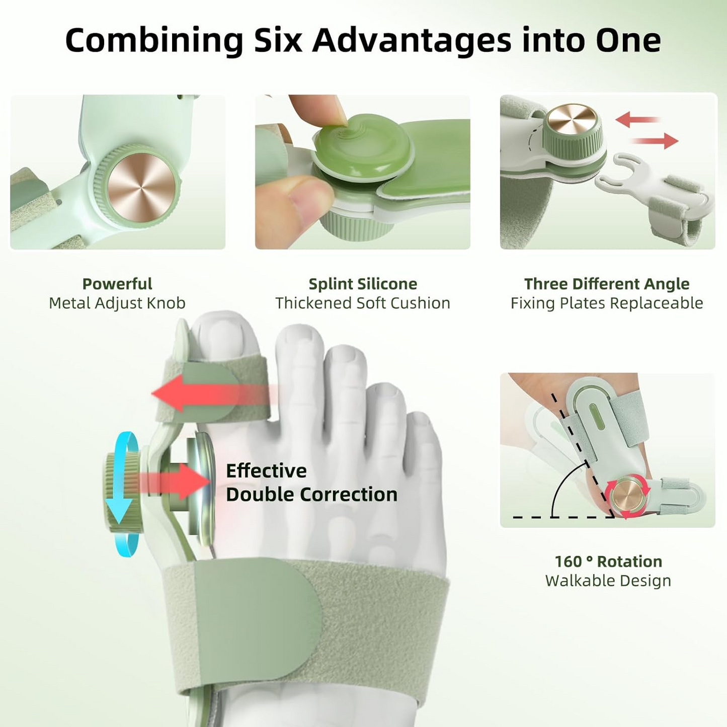 Innovative light green bunion corrector with 6 advantages for comfortable and effective toe alignment