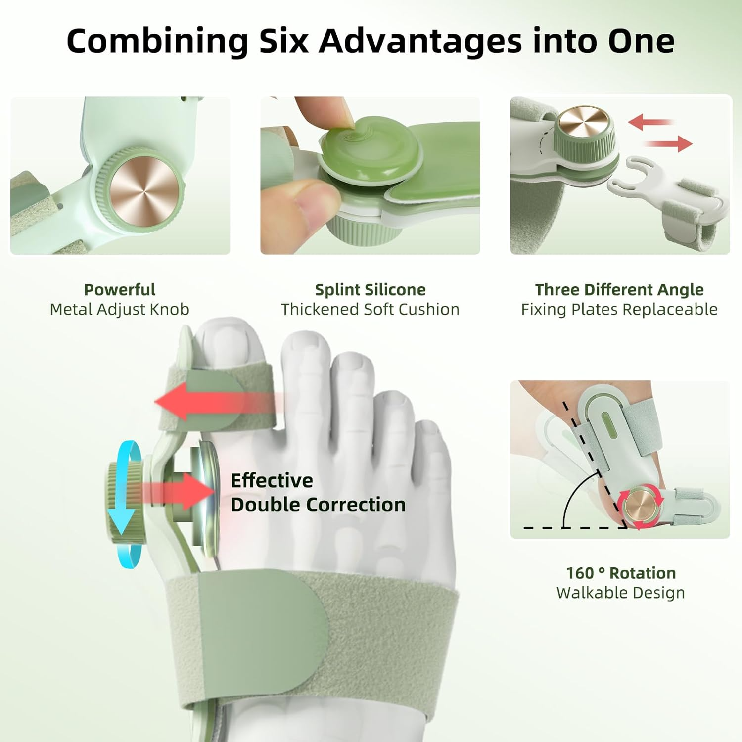 Innovative light green bunion corrector with 6 advantages for comfortable and effective toe alignment