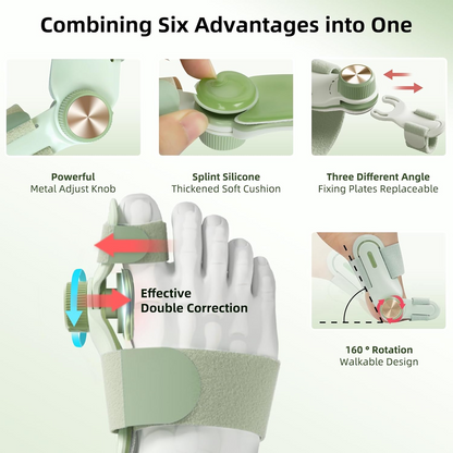 Innovative light green bunion corrector with 6 advantages for comfortable and effective toe alignment