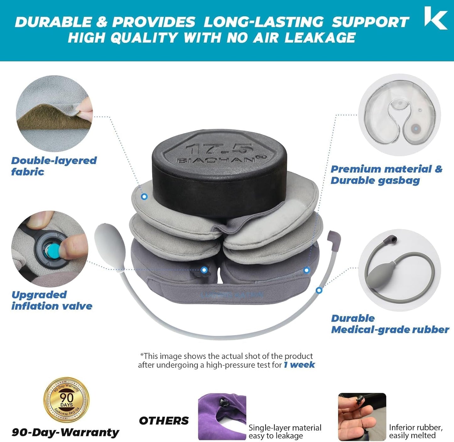 Our neck stretcher remained intact after a week of high-pressure testing, with an engineer inspecting its double-layer fabric, medical-grade rubber, and airtight upgraded valve; in contrast, the inferior single-layer material product in the control group had leaked and melted, highlighting the reliability of our product's long-lasting support.