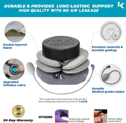 Our neck stretcher remained intact after a week of high-pressure testing, with an engineer inspecting its double-layer fabric, medical-grade rubber, and airtight upgraded valve; in contrast, the inferior single-layer material product in the control group had leaked and melted, highlighting the reliability of our product's long-lasting support.