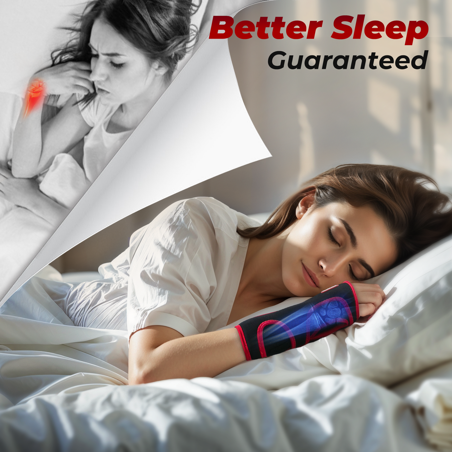 A woman sleeps with a wristband around her arm, and it helps her sleep better