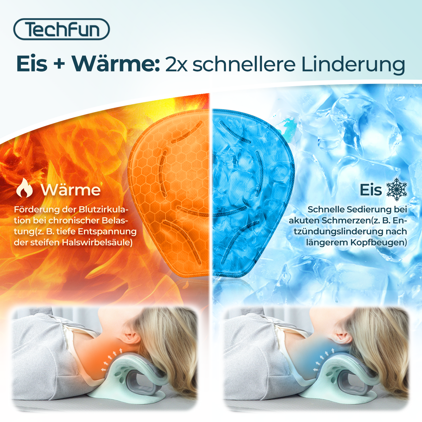 One person is using the heat mode to relax a stiff neck, while another is using the ice mode to soothe acute neck pain, demonstrating the doubly rapid relief effect.