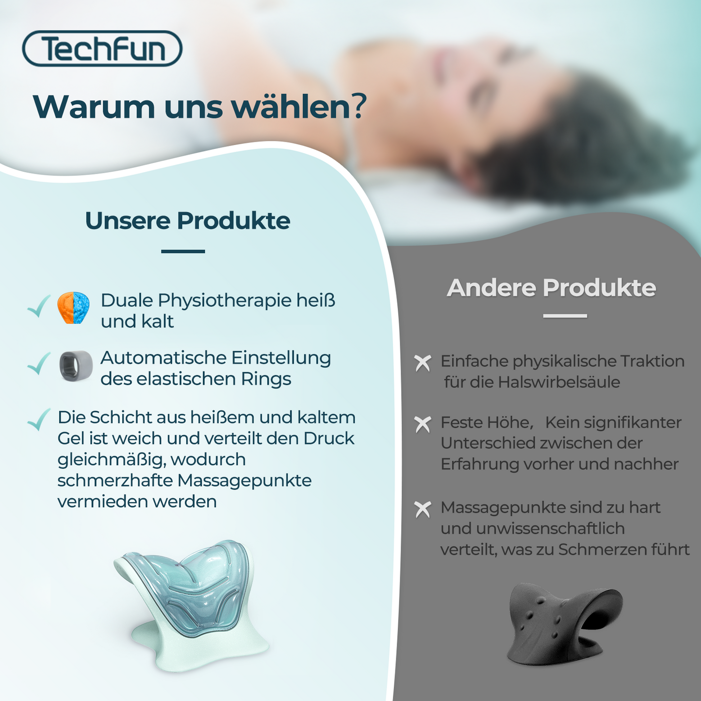 By highlighting our dual-mode hot and cold therapy, intelligent elastic adjustment ring, and soft gel layer technology, we demonstrate why TechFun is a more scientific and comfortable choice, in stark contrast to the single traction function, fixed height, and rigid massage points of traditional products.
