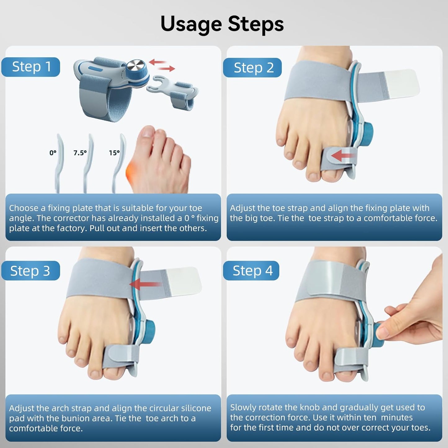 TechLove bunion corrector 4-step usage guide - showing how to choose fixing plate, adjust toe/arch straps, rotate knob for hallux valgus correction with comfortable force