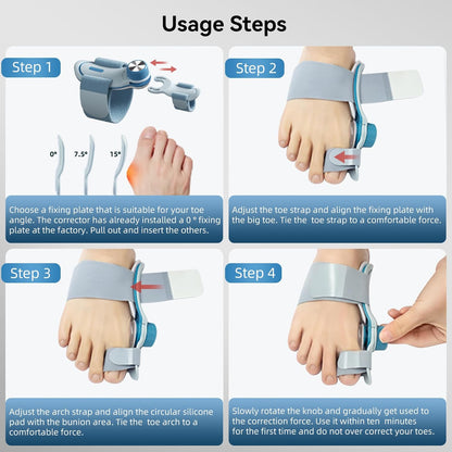 TechLove bunion corrector 4-step usage guide - showing how to choose fixing plate, adjust toe/arch straps, rotate knob for hallux valgus correction with comfortable force