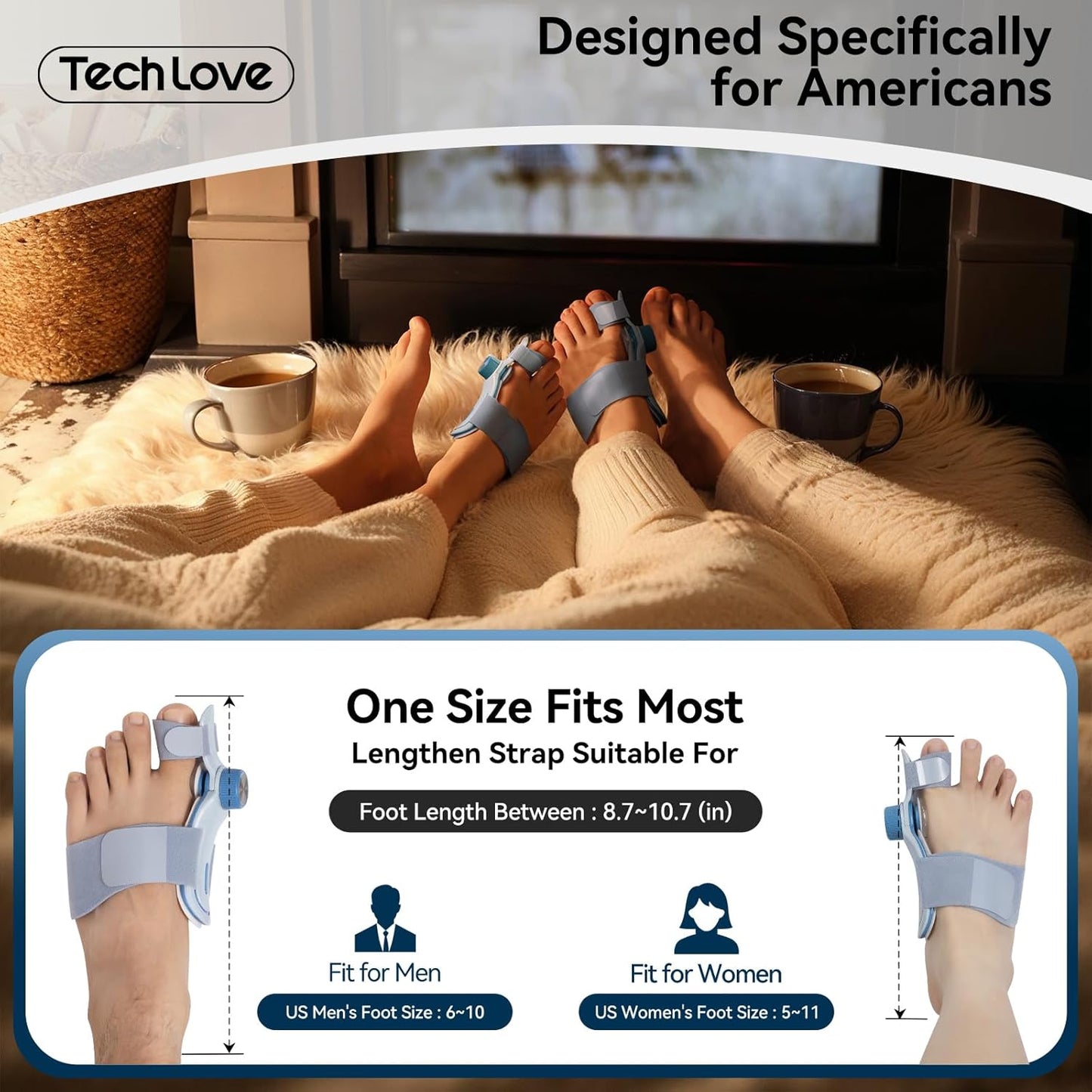 People wearing TechLove bunion corrector at family gathering - comfortable toe correction while chatting and relaxing with loved ones