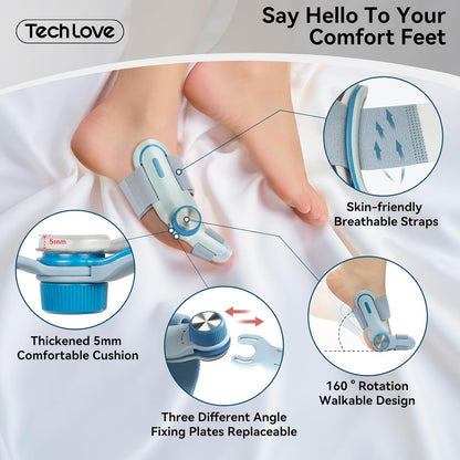 TechLove bunion corrector with skin-friendly breathable straps, 5mm thickened cushion, 3-angle fixing plates & 160° rotation design - showing foot wearing for comfortable hallux valgus correction during daily activities