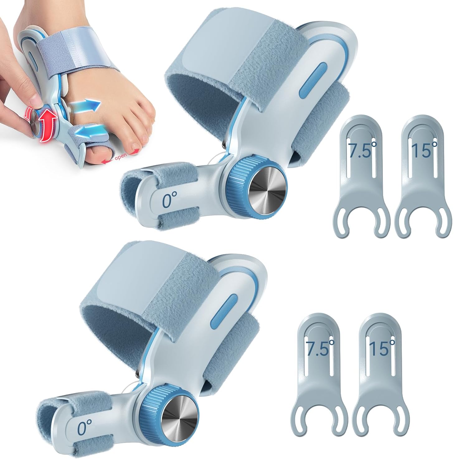 Close-up of TECHLOVE Bunion Corrector's 3 Interchangeable Angle Plates (0°, 7.5°, 15°) for Mild, Moderate, and Severe Hallux Valgus