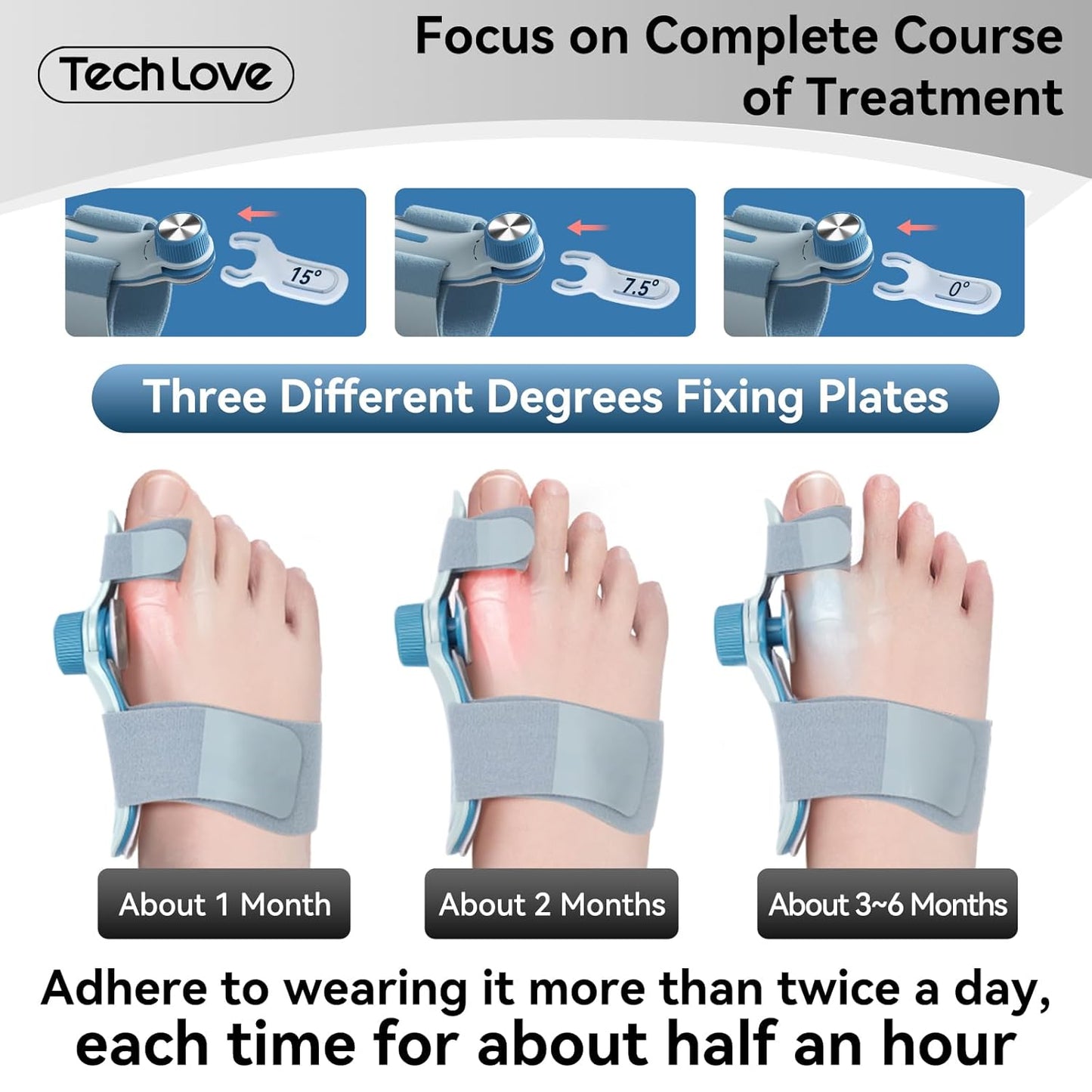 Multiple angles of woman wearing TechLove bunion corrector - front and side views showing how it gently straightens big toe, relieves joint pressure