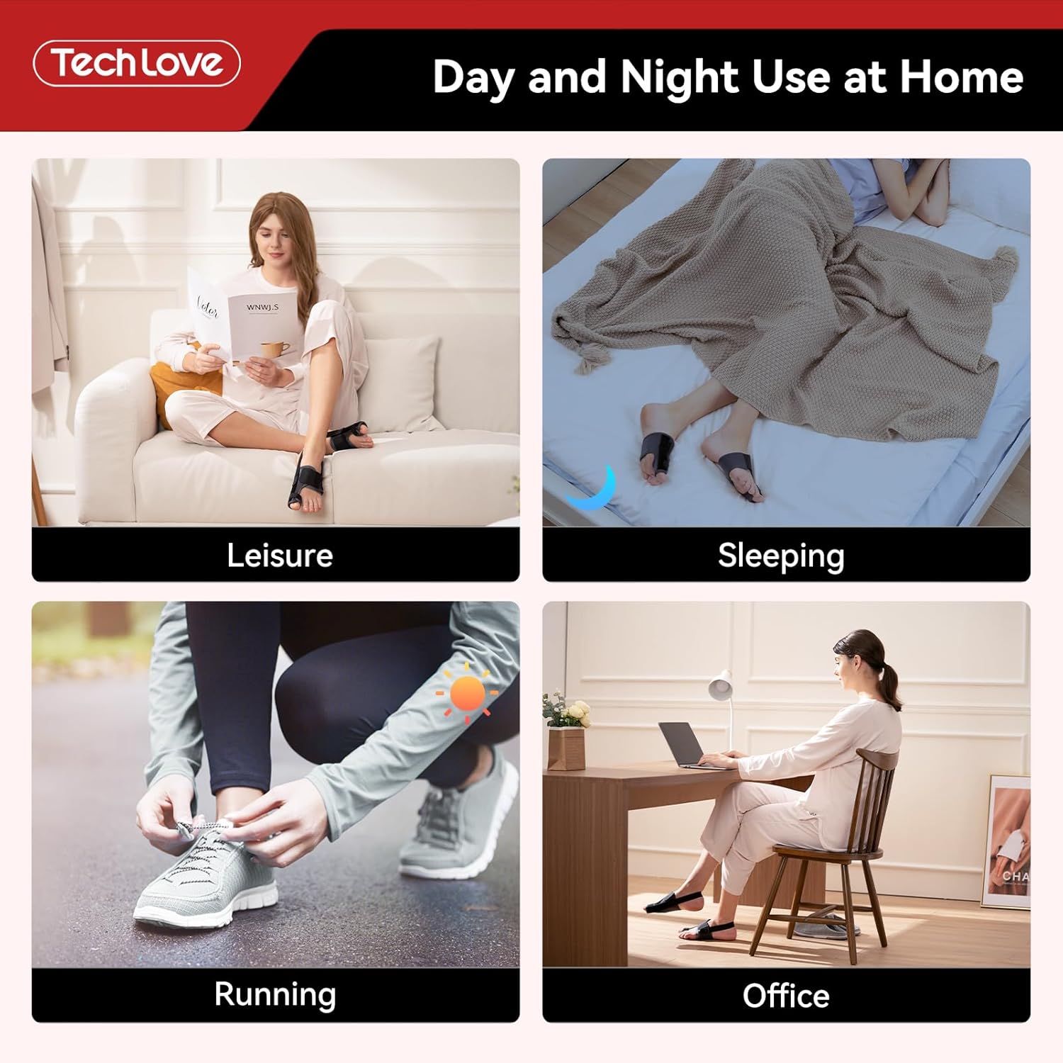 TechLove advertisement showing different scenarios of use at home including leisure, sleeping, running, and office.