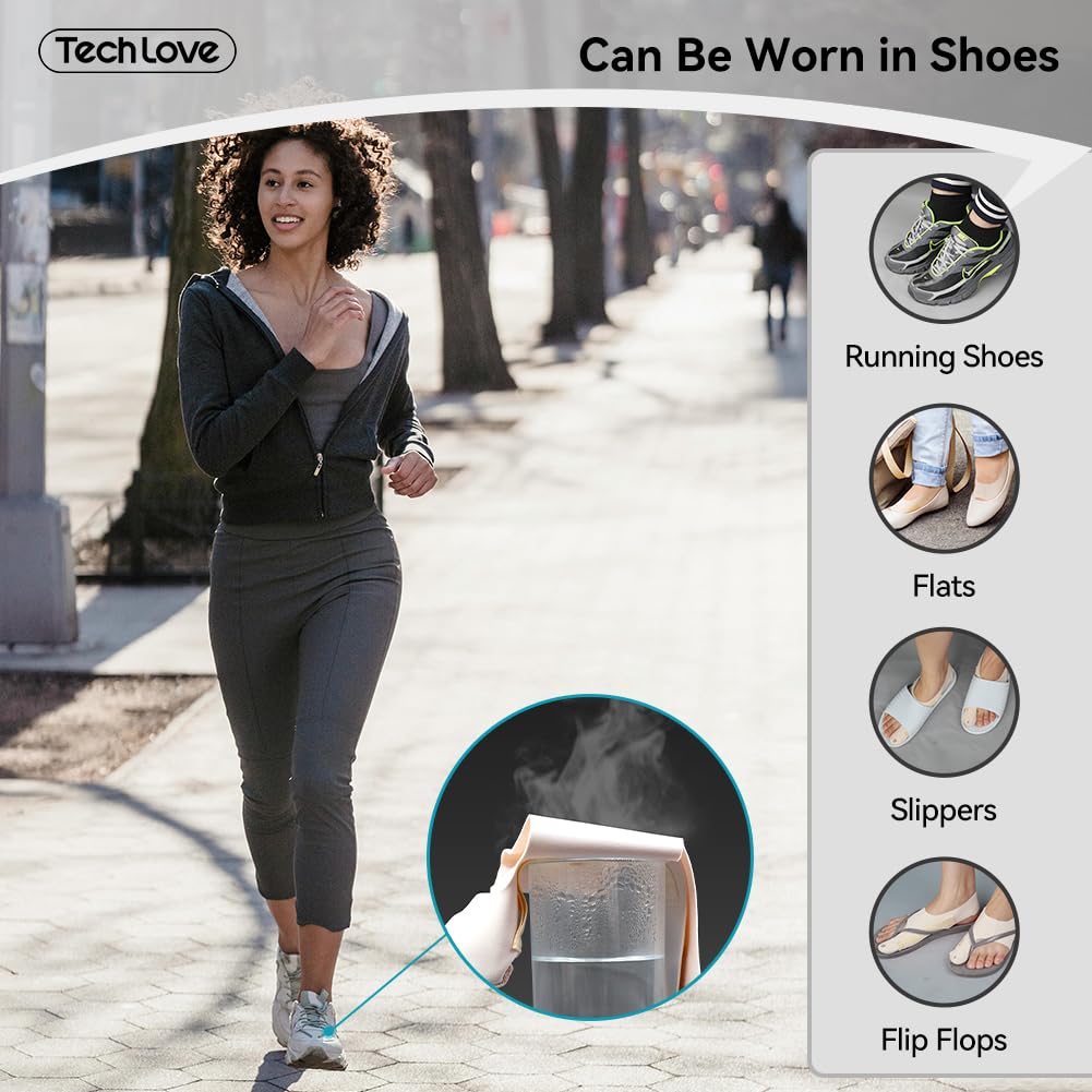 An active woman wore running shoes, flats, slippers, and flip-flops, and the orthosis was comfortably hidden inside each shoe, allowing her to maintain consistent orthosis whether exercising, at work, or at home, without the hassle of changing shoes.
