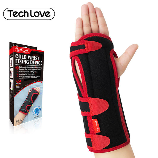 Red and black cold wrist fixing device with packaging on a white background, featuring TechLove branding.