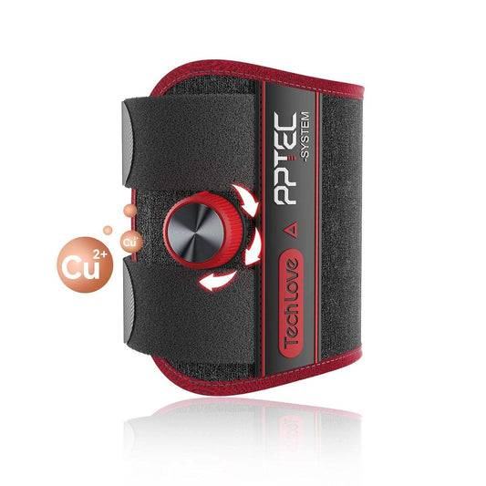An innovative knee brace with precise adjustment knobs and copper ion composition, offering a modern design and high functionality.