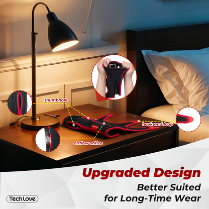 Bedside setup with a lamp and a product labeled 'TechLove' on a nightstand.wrist brace Thumb holes, breathable airflow holes, and adjustable Velcro ensure comfort and stability for long-term wear