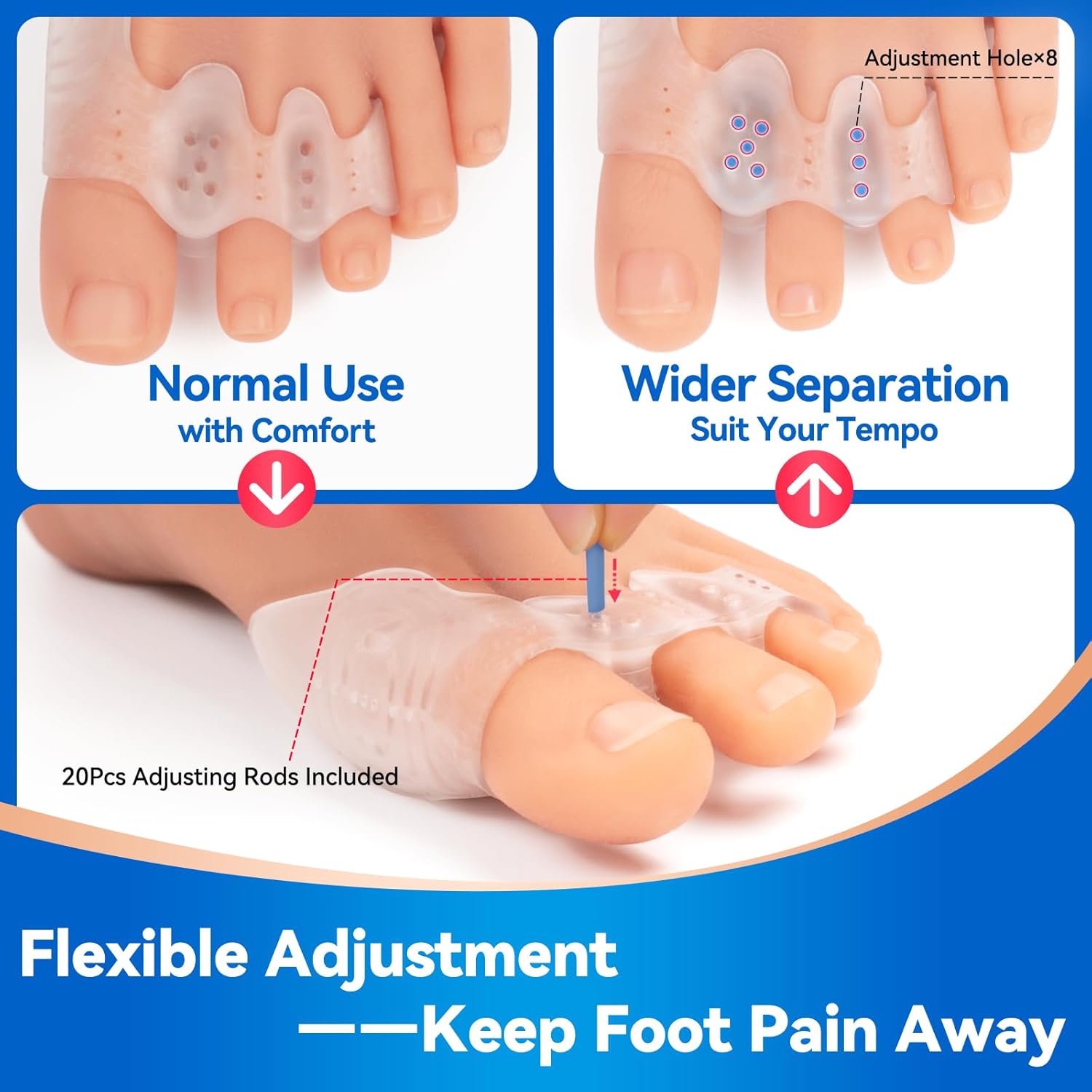 Product showing flexible adjustment for foot comfort with text on normal use and wider separation.