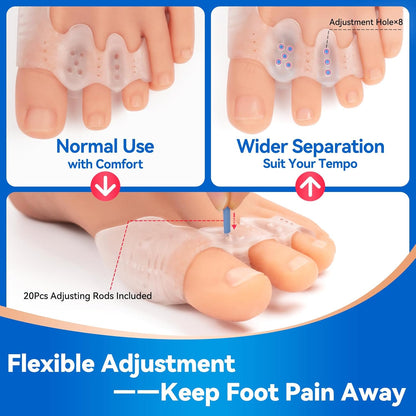 Product showing flexible adjustment for foot comfort with text on normal use and wider separation.