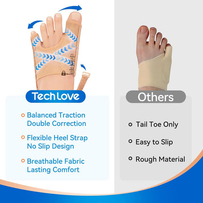 A podiatrist is pointing to before-and-after photos to explain to a patient how the balance traction design, anti-slip heel strap, and breathable materials work together to provide a safer and more effective corrective experience.