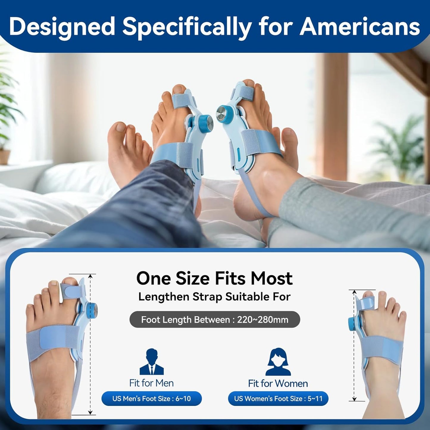 TECHLOVE bunion corrector features an extra-long strap (220-260mm), designed specifically to comfortably and securely fit a wide range of American foot sizes for both men and women