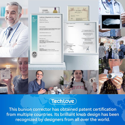 Collage of people using a bunion corrector with patent certification and product images.