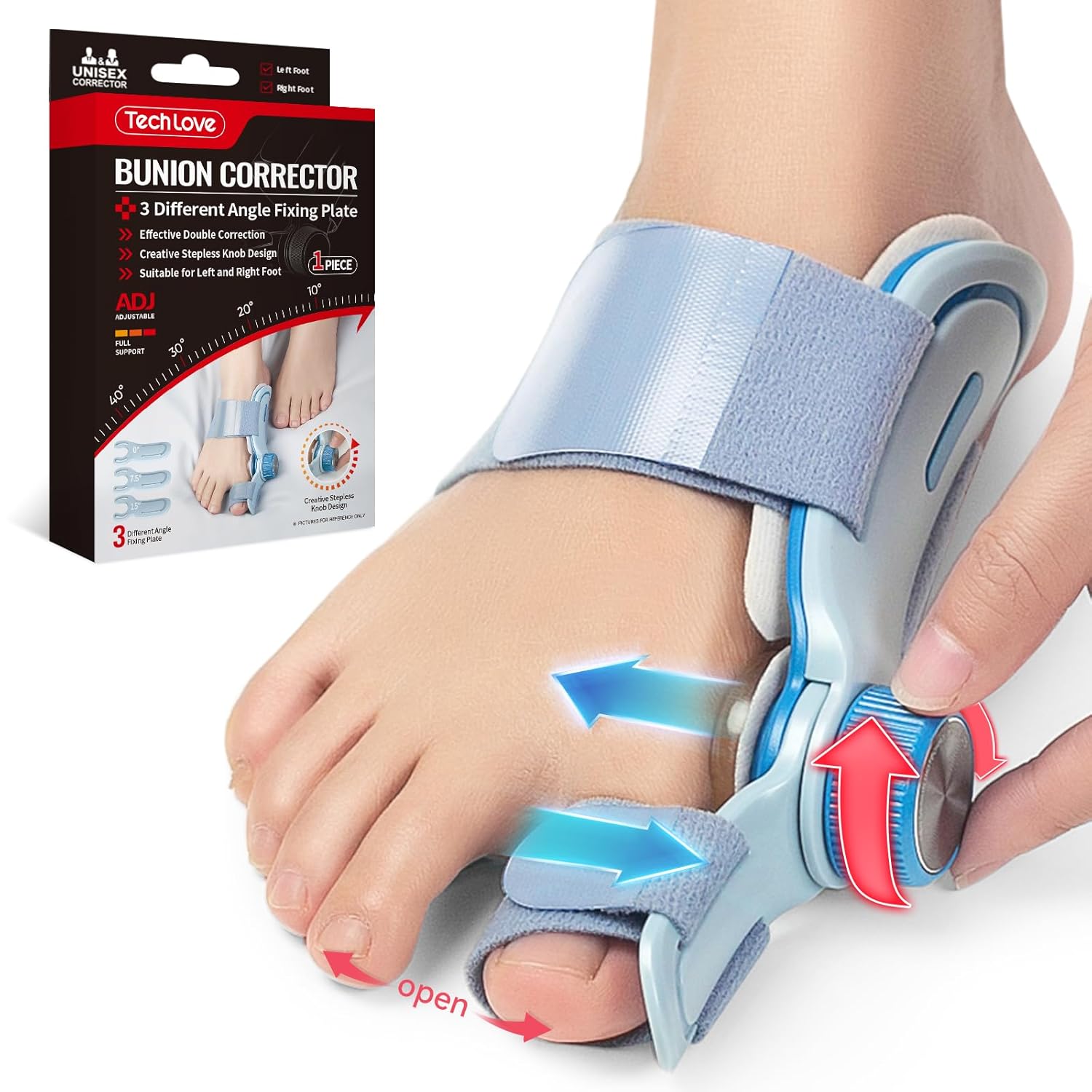 The Tenicore Pro Bunion Corrector features 3 adjustable fixing plates for customized correction strength, an effective double-correction system to address multiple toe issues, and a universal design for both left & right feet.