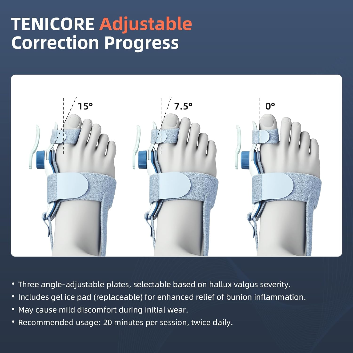 A woman using TENICORE bunion corrector, watching her toe alignment progress with adjustable angles