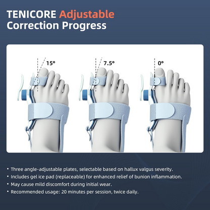 A woman using TENICORE bunion corrector, watching her toe alignment progress with adjustable angles