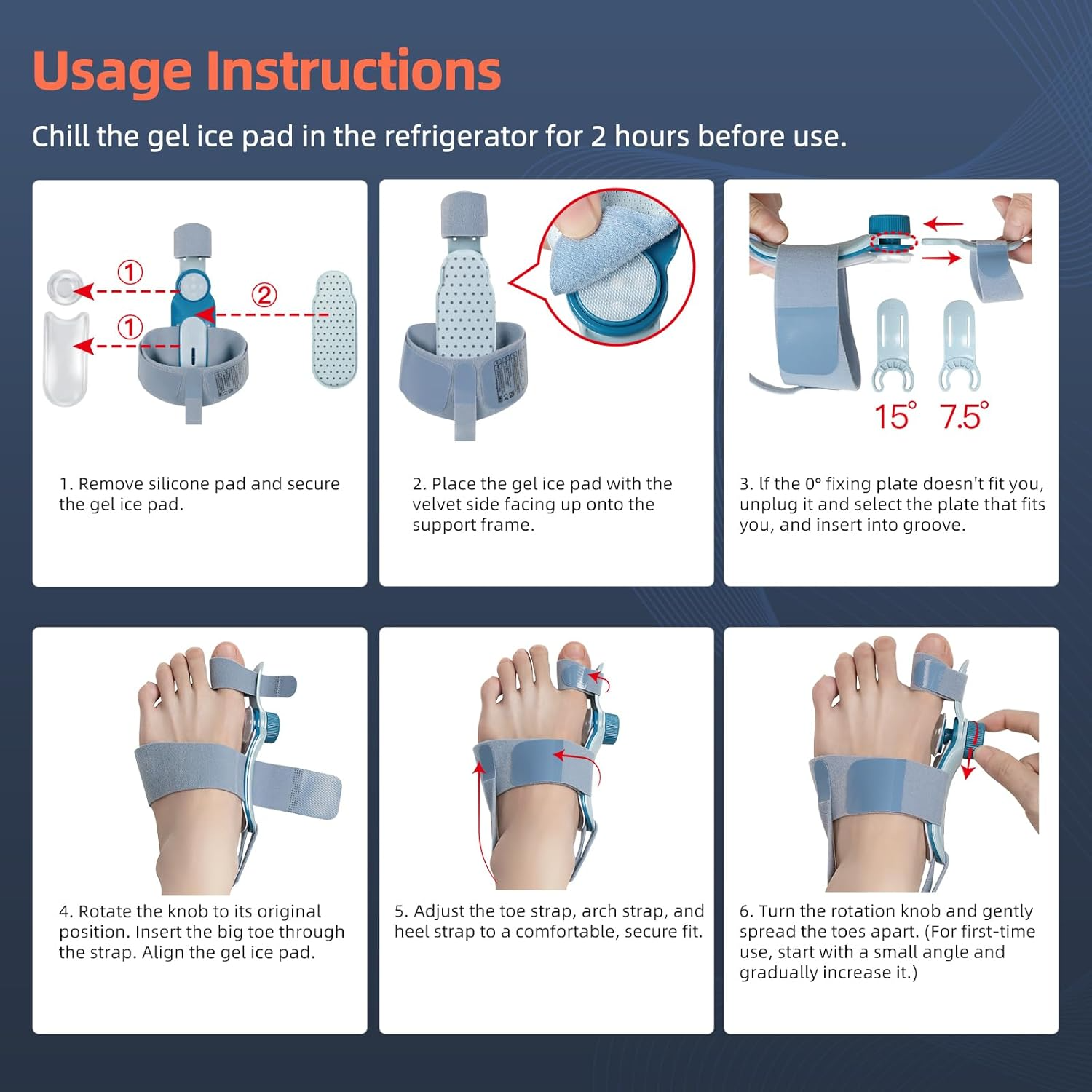 Woman learning how to use her bunion corrector with cold therapy pad and adjustable settings