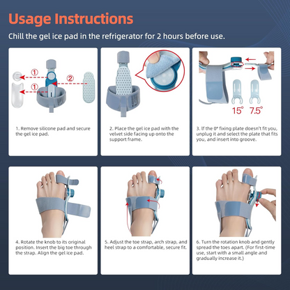 Woman learning how to use her bunion corrector with cold therapy pad and adjustable settings