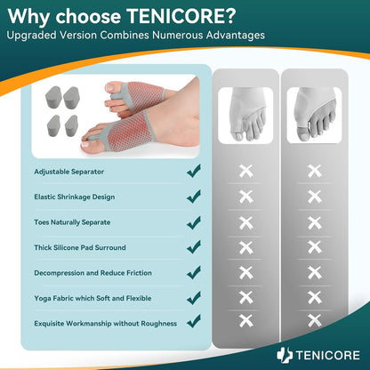 TENICORE A comparison chart of the upgraded bunion corrector with regular products highlights its seven major advantages, including adjustable toe separator, elastic design, thick silicone pad, pressure relief and anti-friction, soft yoga fabric and exquisite craftsmanship.