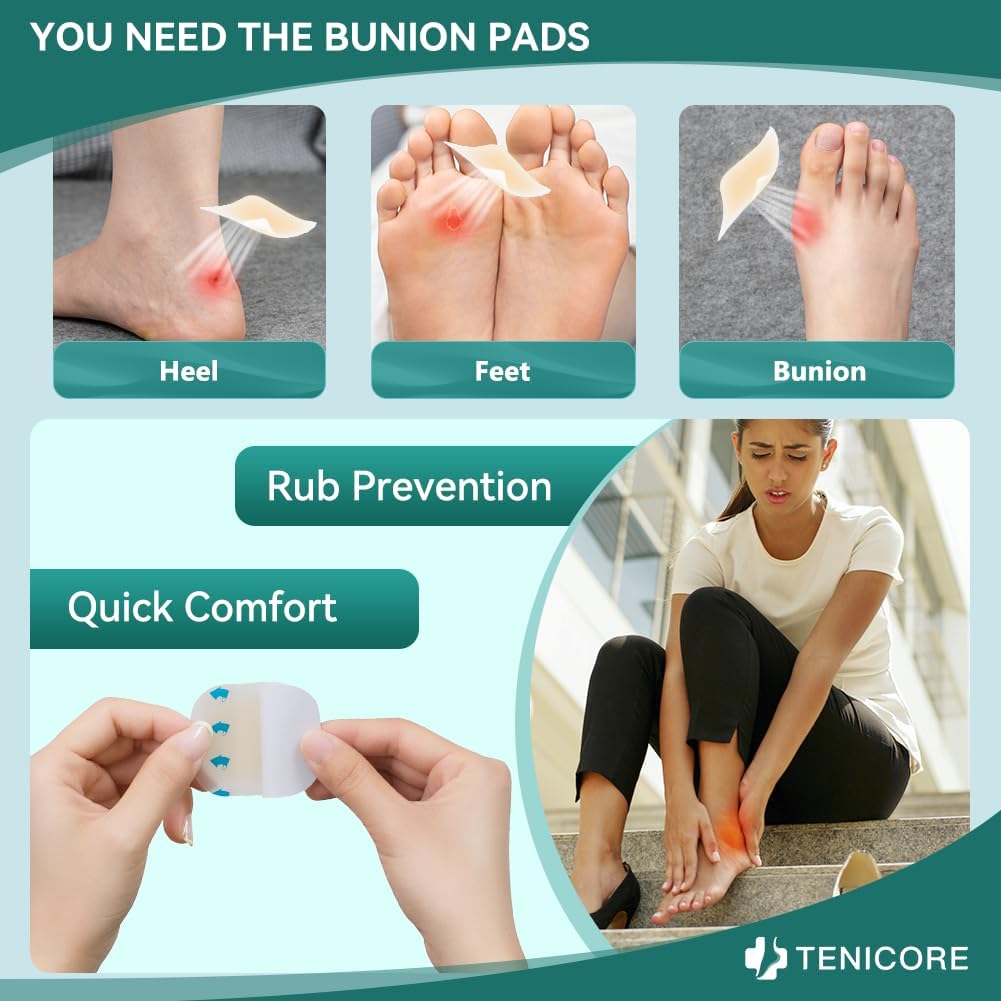 A girl who wore high heels had blisters from rubbing them, which was very uncomfortable. After putting on Tenicore bunion pads, her foot pain was immediately relieved, providing comfortable protection and preventing friction on the heels, bunions and feet, bringing a soothing experience all day long.