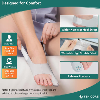Tenicore's bunion corrector is designed for all-day comfort. Features a wider non-slip heel strap, washable high-stretch fabric, and pressure relief. Detailed size chart for Men (US M:6.5-9.5 / L:7-9.5) and Women (US M:5-8.5 / L:9-11). Pro tip: If between sizes, choose larger for best fit.