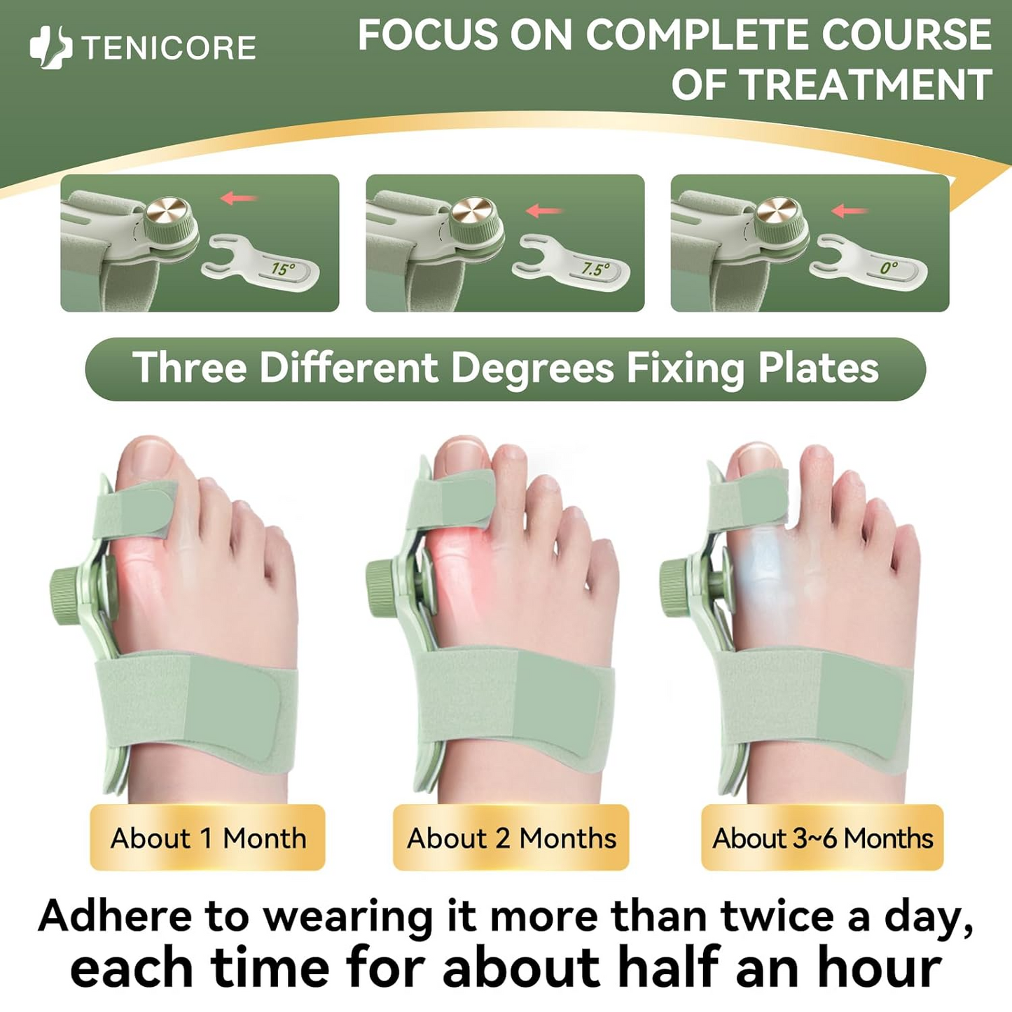 Person using the TENICORE light green bunion corrector with 3 angle plates for progressive treatment