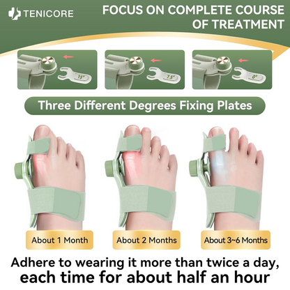 Person using the TENICORE light green bunion corrector with 3 angle plates for progressive treatment