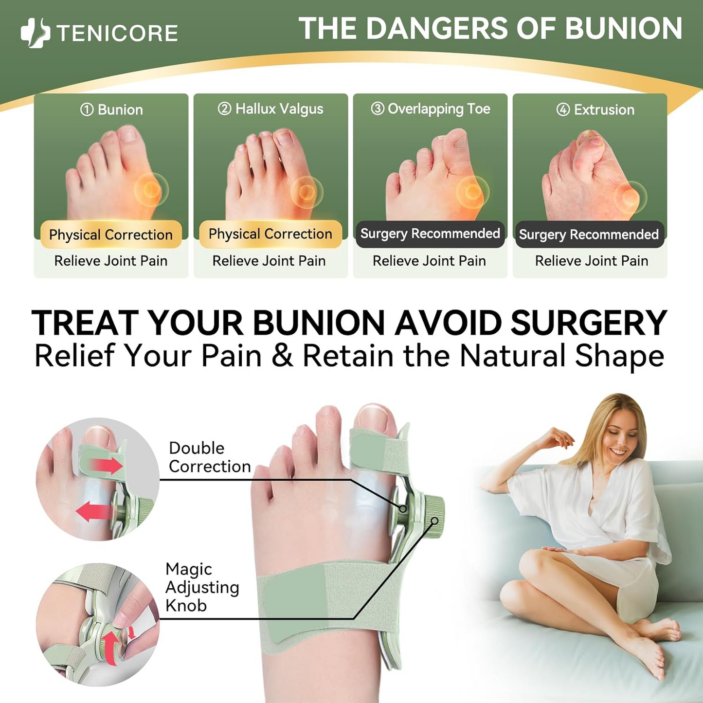 Woman using the TENICORE light green bunion corrector to ease pain and avoid surgery