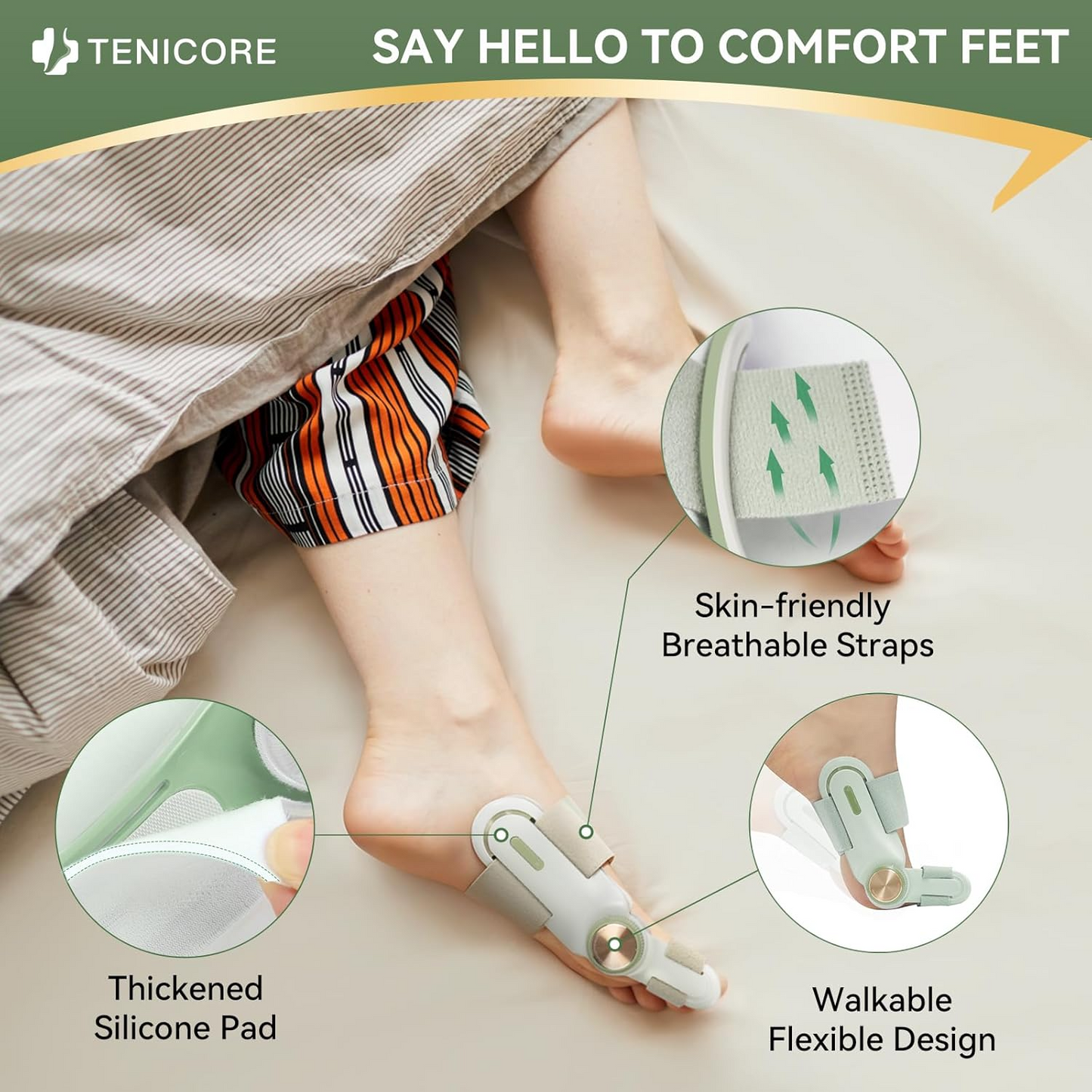Woman wearing the TENICORE light green bunion corrector comfortably in bed, enjoying soft, breathable straps