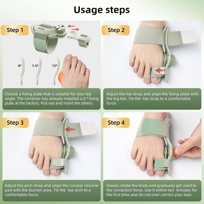 Person setting up the TENICORE light green bunion corrector, choosing the right angle plate for their foot