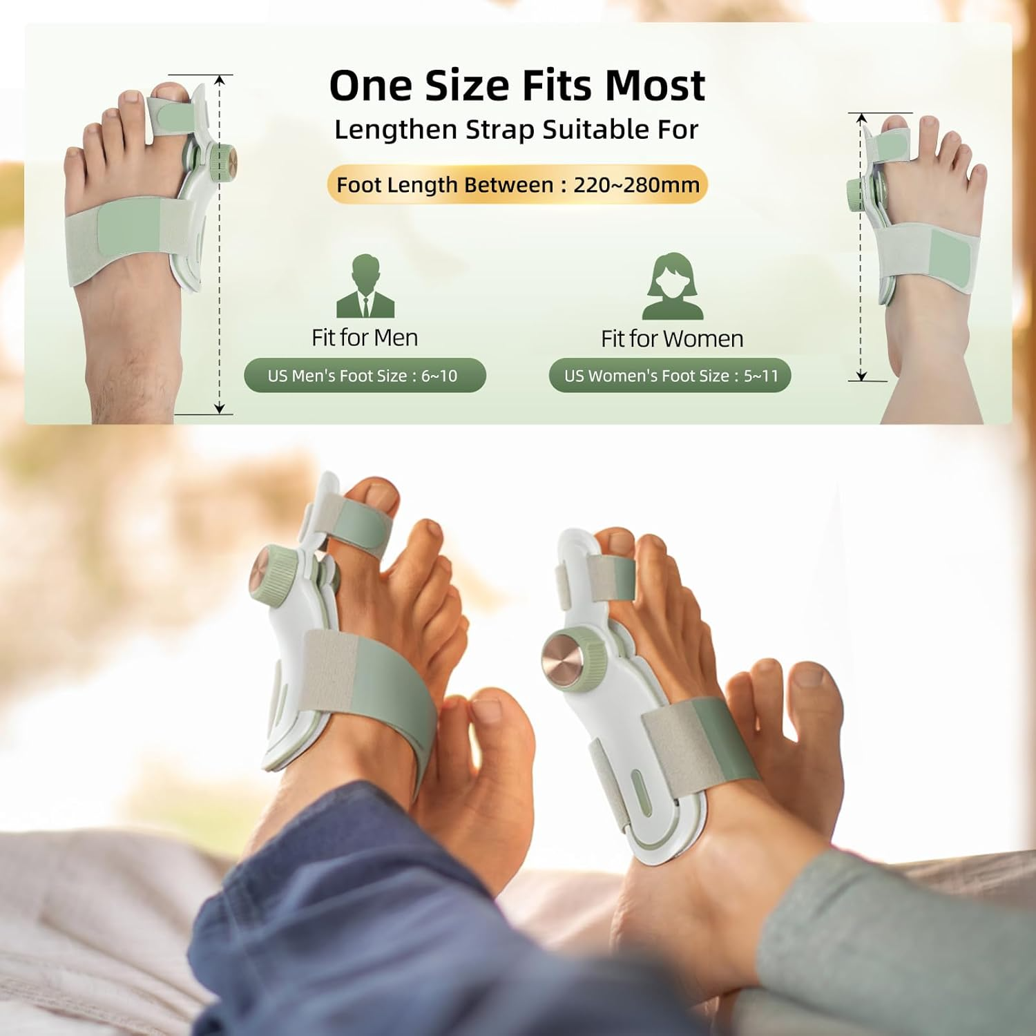 Man and woman using the TENICORE light green bunion corrector, one size fits most feet