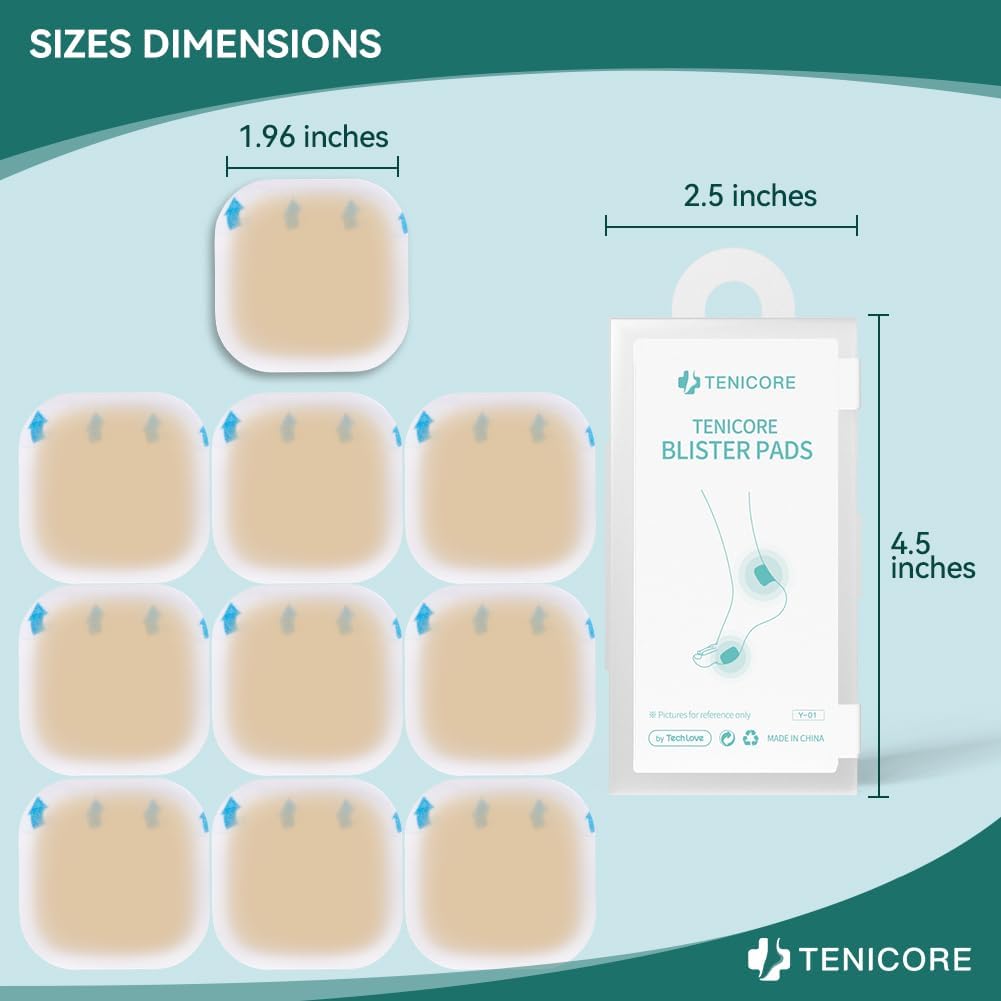 Exact dimensions of Tenicore Blister Pads: 4.5 inches long by 2.5 inches wide, with a 1.96-inch protective pad. Perfect size to fully cover and protect bunions and blisters.