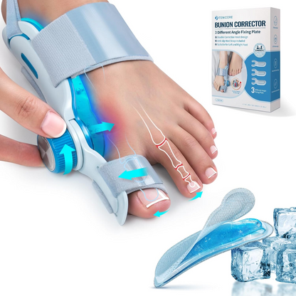 Tenicore Woman wearing an adjustable bunion corrector, finding relief from hallux valgus pain