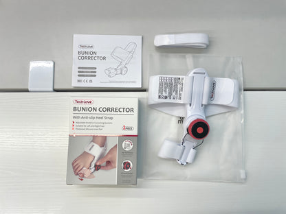 Tenicore bunion corrector shows the product's key features, such as its anti-slip design and adjustable functionality, preparing consumers for the unboxing experience.