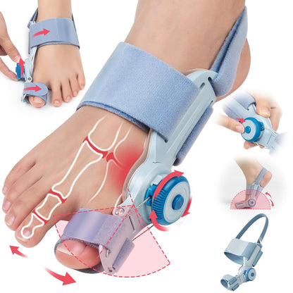 Thumb valgus corrector showing the operation process and correction principle. Including how to adjust the corrector, and the movement range of the big toe when in use, helping users understand how it corrects hallux valgus