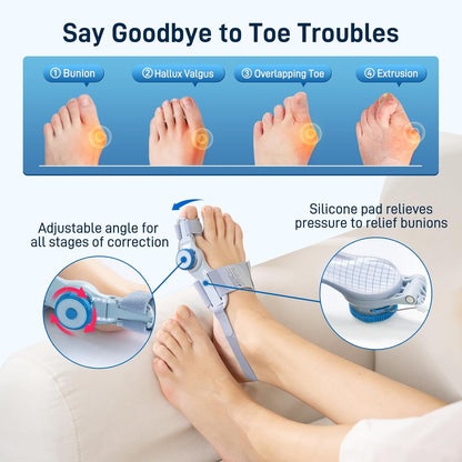 Toe corrector solving bunion, hallux valgus, overlapping toe, extrusion issues - with adjustable angle for all correction stages and silicone pad relieving bunion pressure