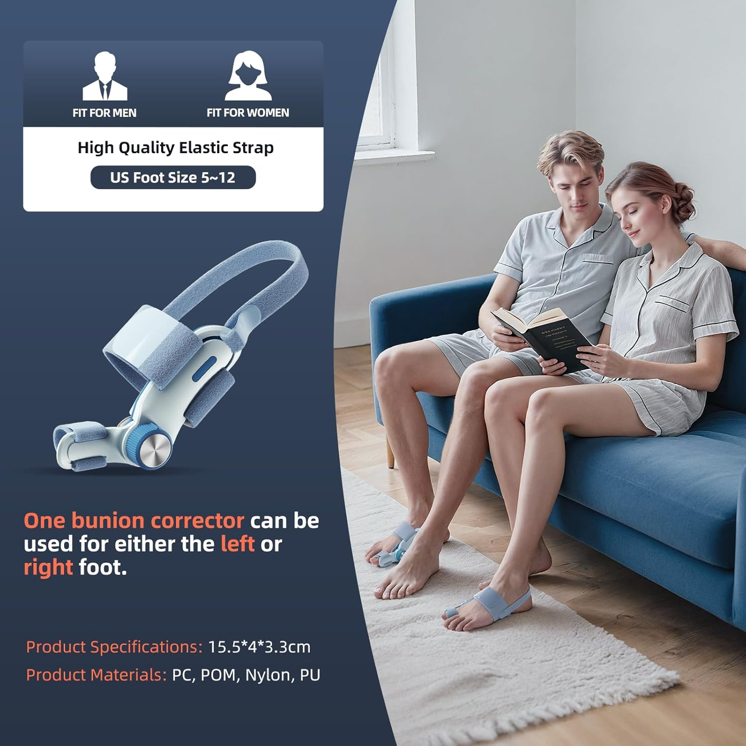 Man and woman using the same adjustable bunion corrector, fitting US shoe sizes 5-12