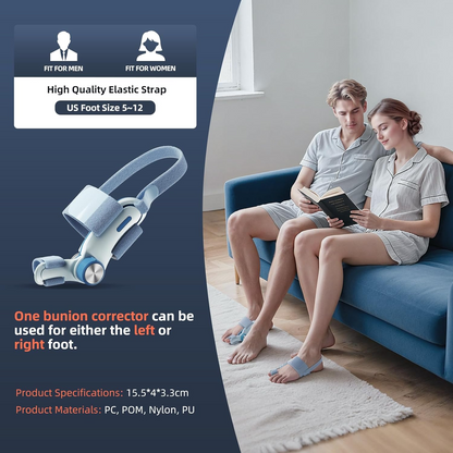 Man and woman using the same adjustable bunion corrector, fitting US shoe sizes 5-12