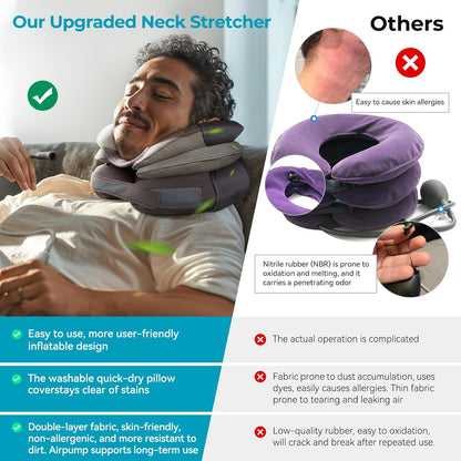 A woman with neck discomfort is comfortably using our upgraded neck stretcher. Thanks to the skin-friendly, hypoallergenic double-layered fabric and removable, washable pillowcase, she doesn't need to worry about allergies or hygiene issues. Meanwhile, a man next to her is troubled by the pungent smell and complicated operation of ordinary products; his neck is experiencing an allergic reaction due to the inferior fabric.